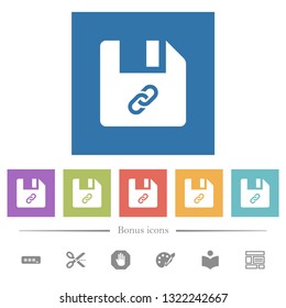 File attachment flat white icons in square backgrounds. 6 bonus icons included.