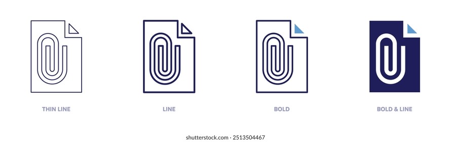 File attachment icon in 4 different styles. Thin Line, Line, Bold, and Bold Line. Duotone style. Editable stroke.