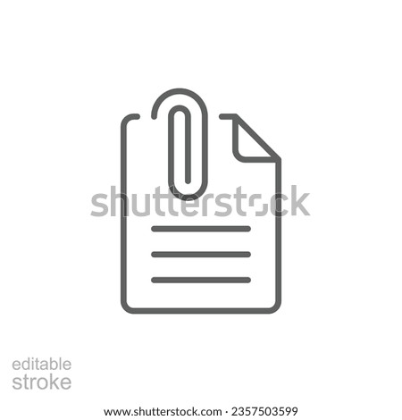 File attachment icon. Simple outline style. Paper clip, attach document, fastener, upload attachments, office concept. Thin line symbol. Vector isolated on white background. Editable stroke SVG.