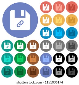 File attachment multi colored flat icons on round backgrounds. Included white, light and dark icon variations for hover and active status effects, and bonus shades on black backgounds.