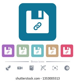 File attachment white flat icons on color rounded square backgrounds. 6 bonus icons included