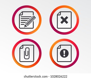 File attention icons. Document delete and pencil edit symbols. Paper clip attach sign. Infographic design buttons. Circle templates. Vector