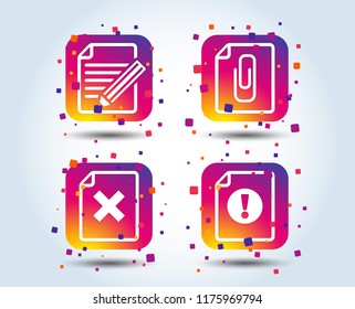 File attention icons. Document delete and pencil edit symbols. Paper clip attach sign. Colour gradient square buttons. Flat design concept. Vector