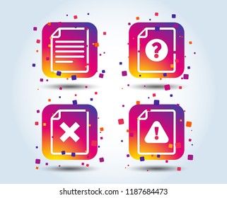 File attention icons. Document delete symbols. Question mark sign. Colour gradient square buttons. Flat design concept. Vector