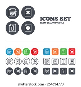 File attention icons. Document delete and pencil edit symbols. Paper clip attach sign. Web buttons set. Circles and squares templates. Vector