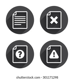 File attention icons. Document delete symbols. Question mark sign. Circles buttons with long flat shadow. Vector