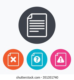 File attention icons. Document delete symbols. Question mark sign. Circle flat buttons with icon.