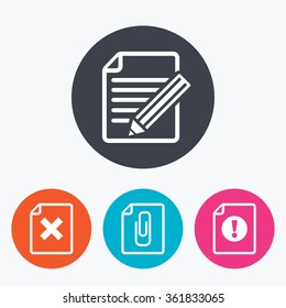 File attention icons. Document delete and pencil edit symbols. Paper clip attach sign. Circle flat buttons with icon.
