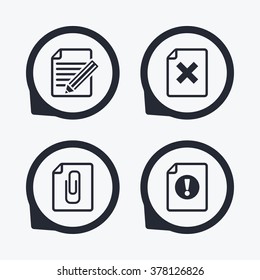 File attention icons. Document delete and pencil edit symbols. Paper clip attach sign. Flat icon pointers.