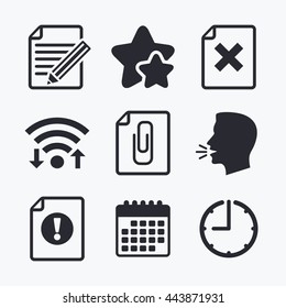 File attention icons. Document delete and pencil edit symbols. Paper clip attach sign. Wifi internet, favorite stars, calendar and clock. Talking head. Vector