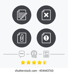 File attention icons. Document delete and pencil edit symbols. Paper clip attach sign. Chat, award medal and report linear icons. Star vote ranking. Vector
