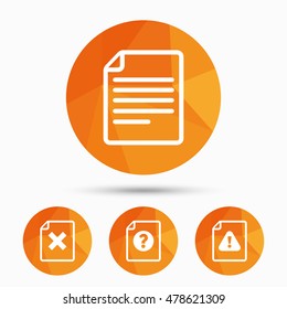 File attention icons. Document delete symbols. Question mark sign. Triangular low poly buttons with shadow. Vector