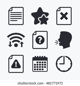 File attention icons. Document delete symbols. Question mark sign. Wifi internet, favorite stars, calendar and clock. Talking head. Vector