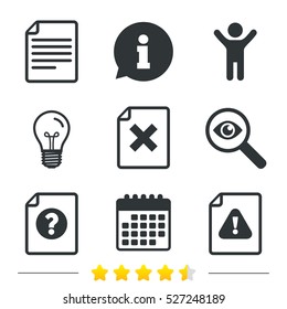 File attention icons. Document delete symbols. Question mark sign. Information, light bulb and calendar icons. Investigate magnifier. Vector
