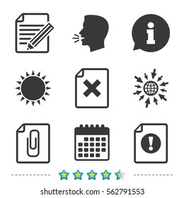 File attention icons. Document delete and pencil edit symbols. Paper clip attach sign. Information, go to web and calendar icons. Sun and loud speak symbol. Vector