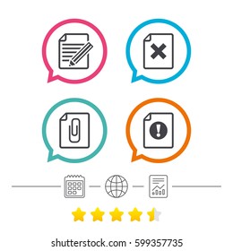 File attention icons. Document delete and pencil edit symbols. Paper clip attach sign. Calendar, internet globe and report linear icons. Star vote ranking. Vector