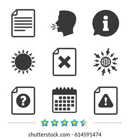 File attention icons. Document delete symbols. Question mark sign. Information, go to web and calendar icons. Sun and loud speak symbol. Vector