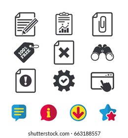 File attention icons. Document delete and pencil edit symbols. Paper clip attach sign. Browser window, Report and Service signs. Binoculars, Information and Download icons. Stars and Chat. Vector