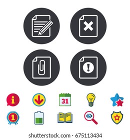 File attention icons. Document delete and pencil edit symbols. Paper clip attach sign. Calendar, Information and Download signs. Stars, Award and Book icons. Light bulb, Shield and Search. Vector