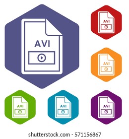 File AVI icons set rhombus in different colors isolated on white background