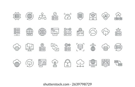 File and backup download, storage system thin black outline symbols vector illustration. Web hosting, maintenance service for server infrastructure and database, data security line icon set.