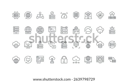 File and backup download, storage system thin black outline symbols vector illustration. Web hosting, maintenance service for server infrastructure and database, data security line icon set.