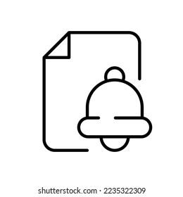 File with bell line icon. Event, scheduling, file, silent mode, setting, Alarm clock, notice, ringtone, notification, reminder, time management. Vector line icon on white background