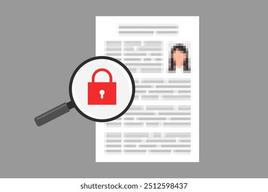 Datei mit unscharfen persönlichen Daten, und Lupe mit Symbol des Vorhängeschlosses darin. Konzept des Schutzes personenbezogener Daten, der Sicherheit vertraulicher Daten und der Datenschutzrichtlinie