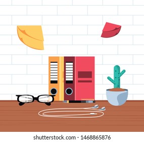 file books with eyeglasses and supplies in the workplace