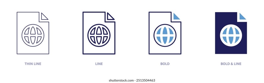 Icono de búsqueda de archivos en 4 estilos diferentes. Línea delgada, línea, negrita y línea negrita. Estilo duotono. Trazo editable.