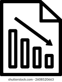 File Business report chart with declining bar graph icon in outline style for business analysis, data loss, or financial decrease concept.