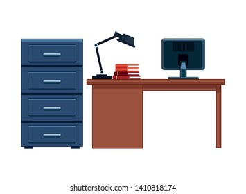 file cabinet and desk with lamp, books and computer on it vector illustration graphic design