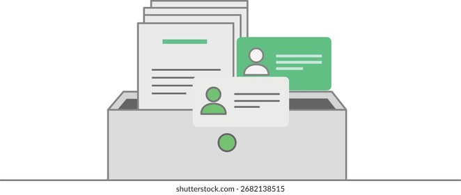 File cabinet drawer filled with documents and ID cards papers