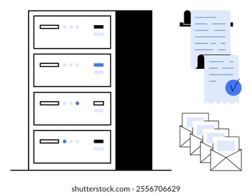 A file cabinet with four drawers, digital documents on the right, and envelopes. Ideal for digital storage, document organization, communication, office management, and record-keeping themes