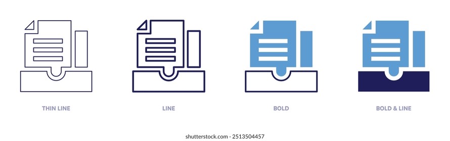 Icono de archivador en 4 estilos diferentes. Línea delgada, línea, negrita y línea negrita. Estilo duotono. Trazo editable.