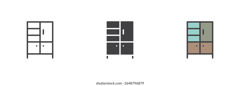 Ícone de linha de gabinete de arquivo, contorno sólido e preenchido ícone colorido conjunto com contorno de gabinete de arquivo, ícone de gabinete sólido e versão de contorno preenchido como símbolo de sinal de vetor de cor.