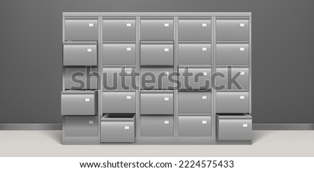 File cabinet, office archive storage with drawers for documents, paper data, library or registry cards. Metal cabinet for paperwork organization, vector realistic illustration