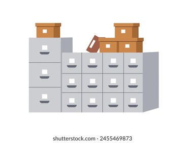 File cabinet, office furniture for document storage. Business archive, confidential data management, organization. Metal drawers, cases and boxes. Flat vector illustration isolated on white background