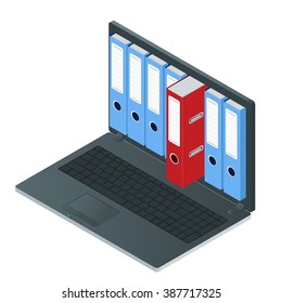 File cabinets inside the screen of laptop computer. Laptop and file cabinet. Data storage 3d isometric illustration. File cabinets concept. File cabinets vector. Laptop computer isometric. 