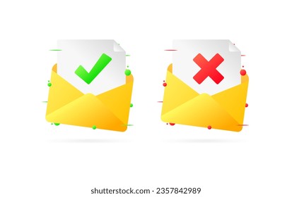 Archivo con marca de verificación y cruz. Archivo plano, amarillo, aprobado, rechazado. Iconos del vector
