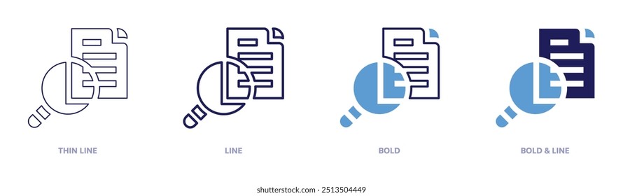 Icono del comprobador de archivos en 4 estilos diferentes. Línea delgada, línea, negrita y línea negrita. Estilo duotono. Trazo editable.