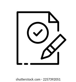 File with checkmark line icon. Tick, cross, successful, success, done, checked, approved, verified. Data set concept. Vector line icon on white background