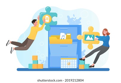 File classification, searching files in database, record management, document tracking system. Flat abstract metaphor cartoon vector illustration concept web banner design isolated on white background