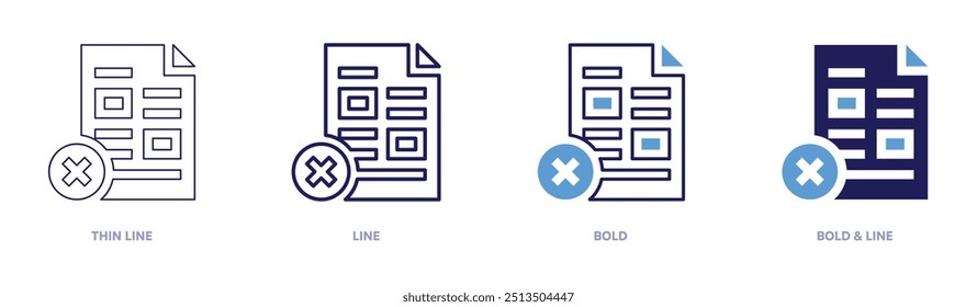 Icono de limpieza de archivos en 4 estilos diferentes. Línea delgada, línea, negrita y línea negrita. Estilo duotono. Trazo editable.