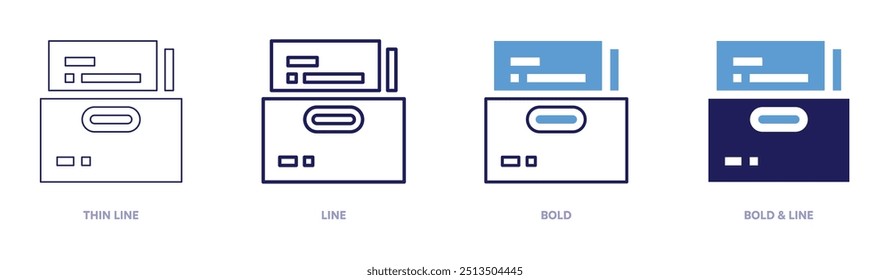Icono de cierre de archivo en 4 estilos diferentes. Línea delgada, línea, negrita y línea negrita. Estilo duotono. Trazo editable.