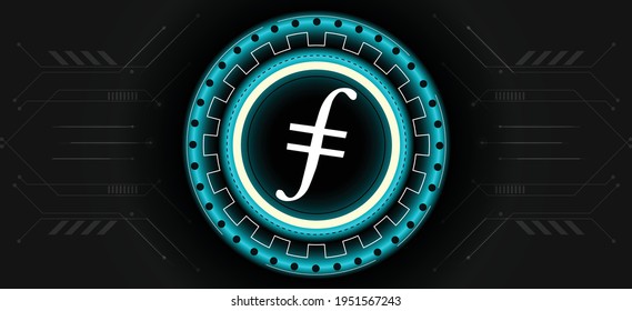 File Coin Token logo with crypto currency themed circle black background design. Modern blue neon color banner for FIL token icon. FileCoin Cryptocurrency storage concept.