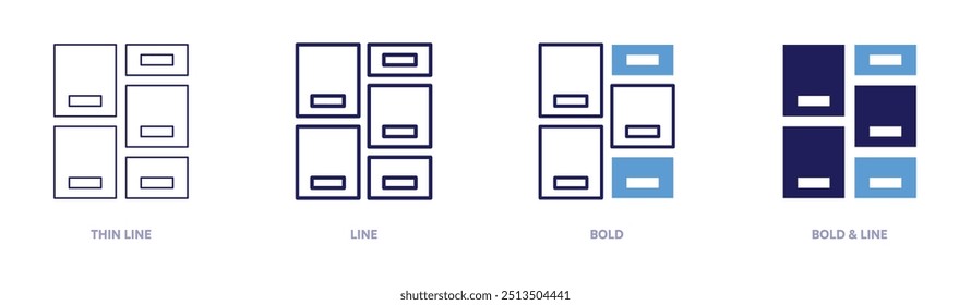 Icono de compilación de archivos en 4 estilos diferentes. Línea delgada, línea, negrita y línea negrita. Estilo duotono. Trazo editable.