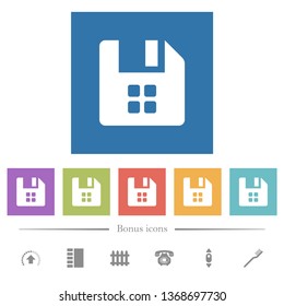 File components flat white icons in square backgrounds. 6 bonus icons included.