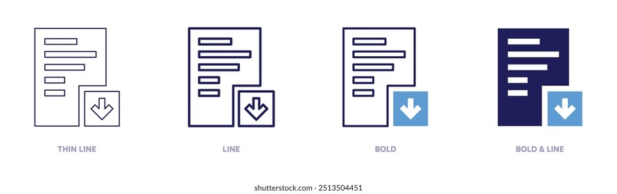 Icono de compresión de archivos en 4 estilos diferentes. Línea delgada, línea, negrita y línea negrita. Estilo duotono. Trazo editable.