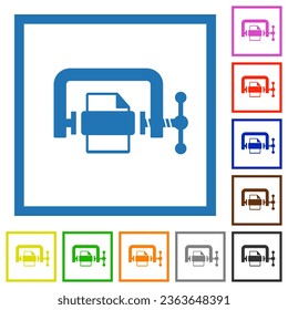 Compresión de archivos iconos de color plano sólido en marcos cuadrados sobre fondo blanco